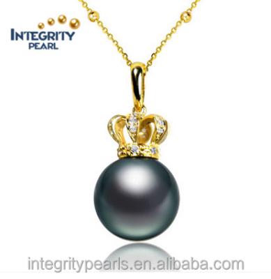 China CLASSIC 11-12mm crown shaped natural tahitian black pearl pendant, gold pearl pendant designs, black tahitian pearl pendant for sale