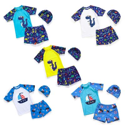 China Boy Breathable 3 Piece Swimsuit Cartoon Boys Swimming Trunks With Hat Dropshipping Wholesale For 2-14 Years Swimwear Set for sale