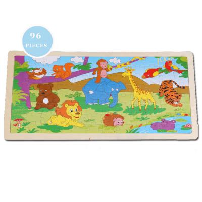 China Cartoon Toy 96 Pieces Wooden Zoo Animal Puzzle With Storage Tray Other Kids Educational Toys 2021 Kids Toys Children WD21110 for sale