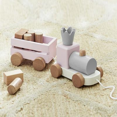 China Solid Wood Baby Learning Train Block Kids Vehicle Wooden Stacking Walking Toy Pull Along Educational Toy Gift For Toddler WD21005 for sale