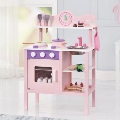 China Pink Wooden Kids Play City Play Kitchen Fun Kitchen Toys With Cook Food Accessories Pretend Play Set Toys For Children WD12013 for sale