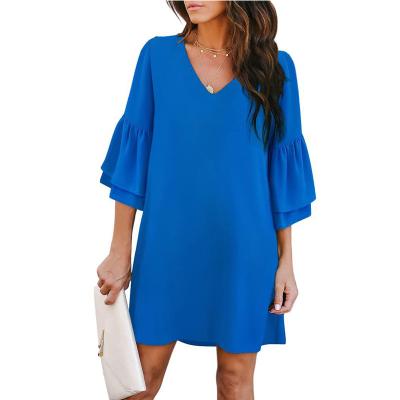 China Anti-wrinkle Women's Dresses Sweet And Cute Zipper Closure V Neck Bell Sleeve Shift Dress Mini Dress for sale