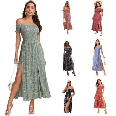 China Anti-wrinkle Women's Casual Boho Floral Print Off The Shoulder Split Long A Line Dress for sale