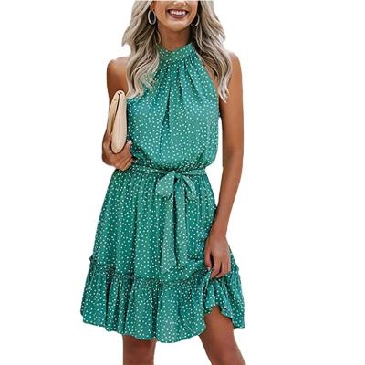 China Sleeveless Ruffle Mini Short Beach Swing Dress Anti-Wrinkle Women's Summer Boho Floral Halter Belt Sundress for sale