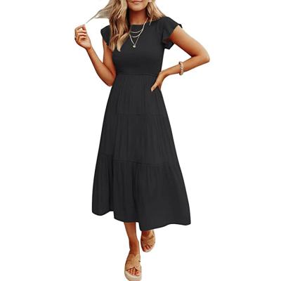 China Anti-wrinkle Women's Boho Float Short Sleeve Solid Color O Neck Smocked Midi Dresses Casual Tiered Line Summer A Dress for sale