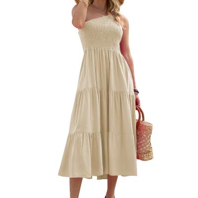 China Summer One Shoulder Anti-Wrinkle Women's Ruffle Sleeveless Flowy Bubbled Elastic Backless Tiered Smocked A Line Long Maxi Dress for sale