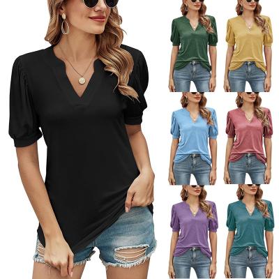 China Anti-pilling hot sale order solid color blouses lacking to sheath deep V neckline tie T-shirt top for sale