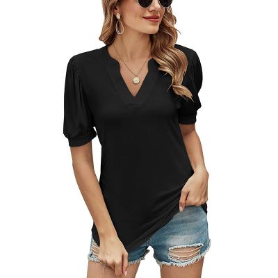 China Anti-pilling new casual white crop stitches tender v-neck solid color shorts bubble sleeve loose tee women for sale