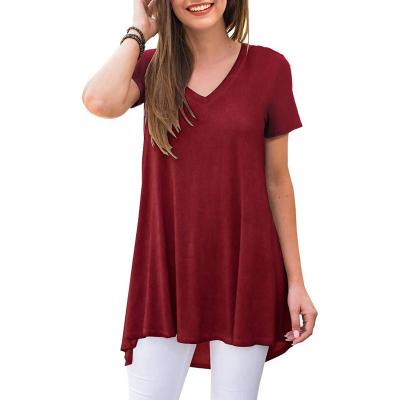 China Spring Summer COTTON BLEND Anti-wrinkle Casual T-shirt V-Neck Short Sleeve Tops Women's T-shirts for sale