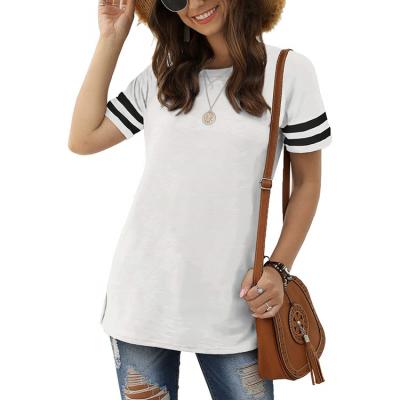 China New Summer Various Colors Stripe Casual Round Neck Solid Color Splice Women's Anti-pilling Cotton T-shirt for sale