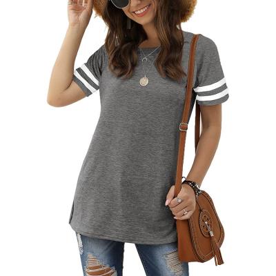 China Anti-pilling Women's Tops Short Sleeve Casual Striped Color Plus Size Round Neck T-Shirt for sale