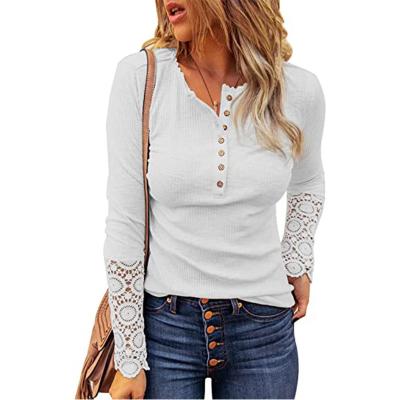 China Anti-pilling Round Neck Stitched Lace Sleeves Loose Solid Long Sleeve T-Shirt for sale