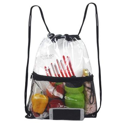 China PVC Waterproof Clear Transparent Stadium Bag Drawstring Approved Backpack With Front Zipper Mesh Pocket for sale