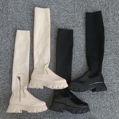 China Women's Flat Thigh High Boots Zipper Autumn Winter Round Head Black Boot Knee High Knee Long Boots Shoes for sale