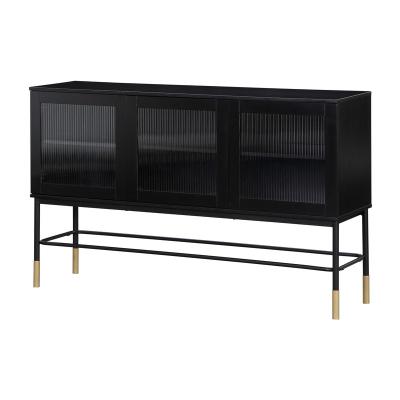 China (Other) Barview high quality adjustable sideboard with 3 door panels, black body with BLACK door frames, wave patterned glass door for living room for sale