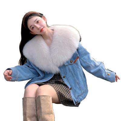 China Breathable Super Large fur collar 2022 Women's winter coat Goose down liner Washed denim Parka for sale