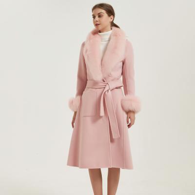 China Breathable Hand-stitched double-sided woolen coat oversized fox fur collar long retracted tie skirt hem winter coat for sale