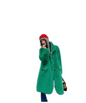 China Breathable Custom Women's winter Vertical Striped Sheep Fur Mid length Coat Single breasting For Women for sale