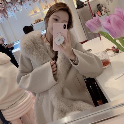 China Breathable Fashion Ladies Pocket Loose Wool Coat Luxury Big Real Fox Fur Collar Windbreaker  Women Double Faced Cashmere and Wool Coat for sale