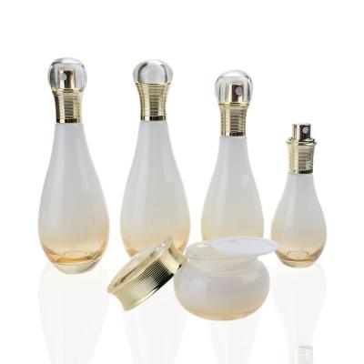 China White And Gold Glass Pump Wholesale Cosmetic Packaging Glass Bottles / Cream Jar, Empty Glass Lotion Bottle, Luxury Lotion Bottle for sale