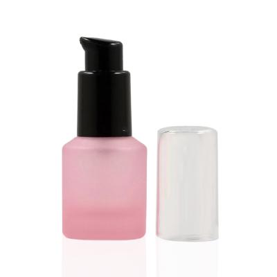 China Empty Pink Matte Black Inclined Shoulder Glass Jar Lotion 15ml Pump Bottle, Round Glass Serum Container, for sale