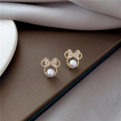 China Silver needle senator, from Japan and South Korea of ​​BOHEMIA S925, cute bow, little mouse, pearl earrings, female fashion wild earrings, ear clips for sale