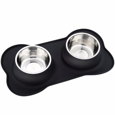 China Amazon Success Sustainable Pet Water Drinking Double Bowls Stainless Steel Dog Feeder With Pet Food Mat for sale