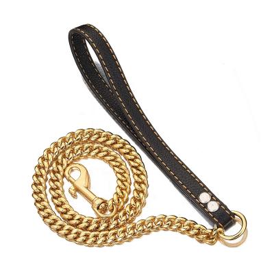 China YY Chain Stored Dog Leash Metal Chew Proof With Leather Padded Handle For Large Medium Small Dogs for sale