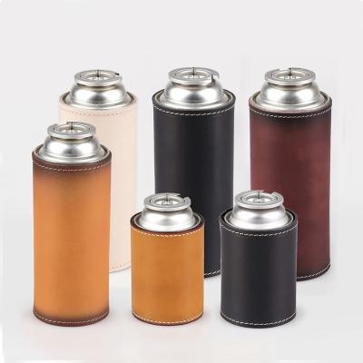 China Waterproof Custom Vegetable-tanned Leather Gas Tank Cover Canister Camping Stove Storage Bag For Outdoor for sale