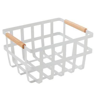 China Wholesale Metal Locker Minimalist White Flat Wire Storage Basket Fruit Wire Basket Storage Locker With Wooden Handle for sale