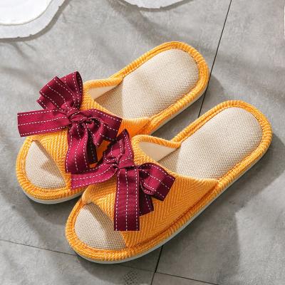 China Fashion trend linen slippers with a bow cute ladies spring lovely soles summer indoor thick cotton home lovers burlap silent slippers for sale