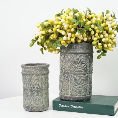 China Cheap Wholesale Eco-friendly Vintage Style Textured Cylinder Plant Decorative Vases Cement Gold Round Antique Flower Vase For Home Decor for sale