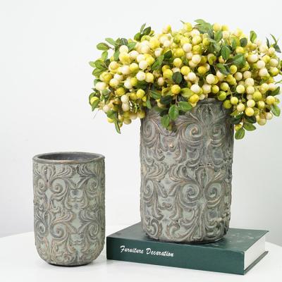 China Luxury Antique Roman Decorative Vases Cement Vintage Design Pattern Home Decor Cylinder Flower Vase Eco-friendly To Round for sale