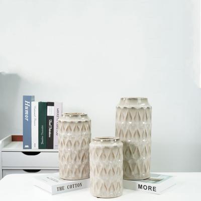 China Wholesale Modern Unique Embossed Chinese Vases Eco-friendly Table Top Porcelain Cylinder Glazed Ceramic Vase For Home Decor for sale