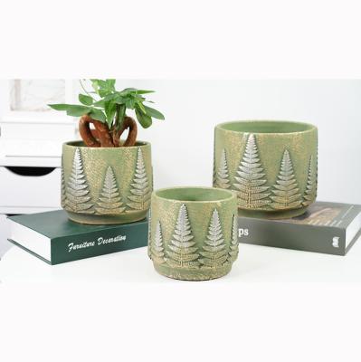 China Special Eco-friendly Leaf Embossed Design Round Shape Home Decoration Flower Pot Concrete Outdoor Garden Succulent Planter Pots for sale