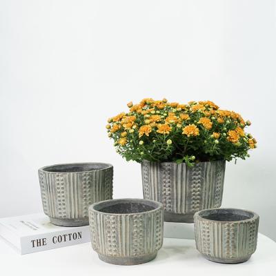 China Eco - Friendly Decorative Bronze Vintage Vertical Stripes Design Custom Potted Plants Round Cement Concrete Flower Pot for sale