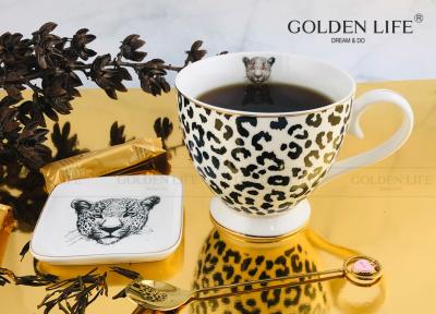 중국 Ceramic Cup Animal Leopard Design with 9.5cm square Dish Footed coffee Mug 판매용