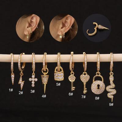 China HOT Trend Key Lock Earrings Lightning Cross Snake Dangle Earrings For Women Fashion Jewelry Stainless Steel Plate Zircon Earrings for sale