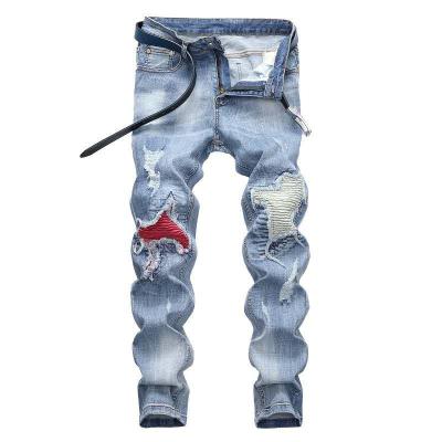 China Amazon Hot Sale Mens Breathable Denim Pants Washed Straight Ripped Biker Jeans Men for sale