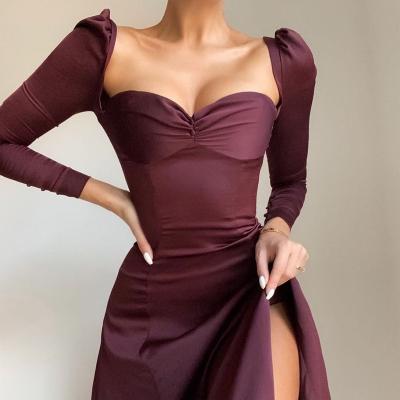 China Breathable fashion long sleeve stretch dresses lady's elegant T-square neck bodycon solid sexy girls' dress women's clothing women for sale