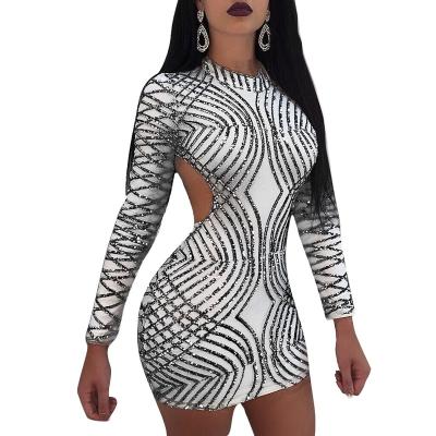 China 2021 summer breathable sexy white sequins long sleeved bodycon club girls backless dresses for sale