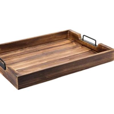 China Eco-Freindly High Quality Antique Village Food Tray, Modern Black Metal Handles Wooden Food Tray for sale