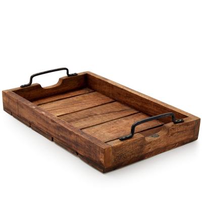 China Eco-Freindly High Quality Antique Village Food Tray, Modern Black Metal Handles Wooden Food Tray for sale