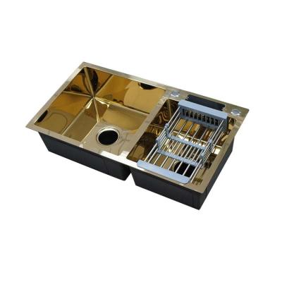 China Factory Outlet Modern Nano Stainless Steel Gold Double Bowl Kitchen Sinks for sale