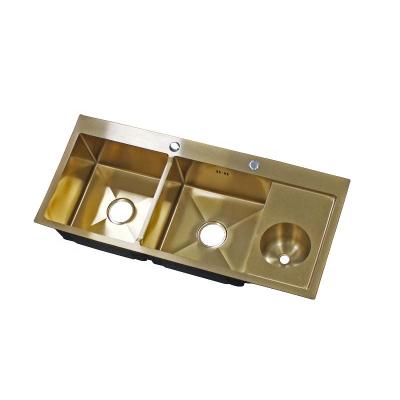 China Without Faucet Twin Kitchen Sink Set With Faucet Brushed Copper Tapware Triple Bowl Gold Basin 10045 for sale