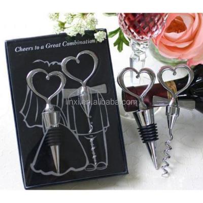 China Heart Shaped Metal Love Couples Bottle Opener And Stopper Set Wedding Favors Gifts For Guests for sale