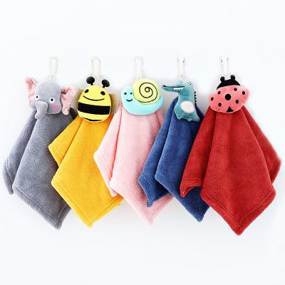 China Sustainable Cute Hanging Microfiber Coral Fleece Hand Towel Custom Kitchen Towel for sale