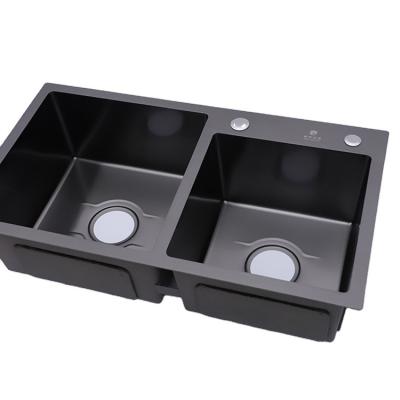 China Without Faucet Black high-quality kitchen cabinet trough Stainless steel nano black washing dish double sink for sale