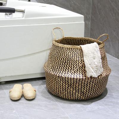 China New Style Sustainable Laundry Storage Basket Woven Plant Plankton Natural Foldable Belly Basket Multifunctional For Storage Plant Pot Basket for sale