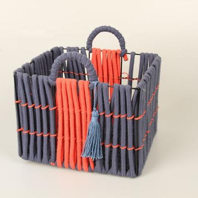 China 2022 High Quality Customizable Home Sustainable Cotton Rectangular Manual Rope Woven Storage Basket With Handle for sale